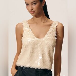 Cream Sequin Scoop Neck Tank Top